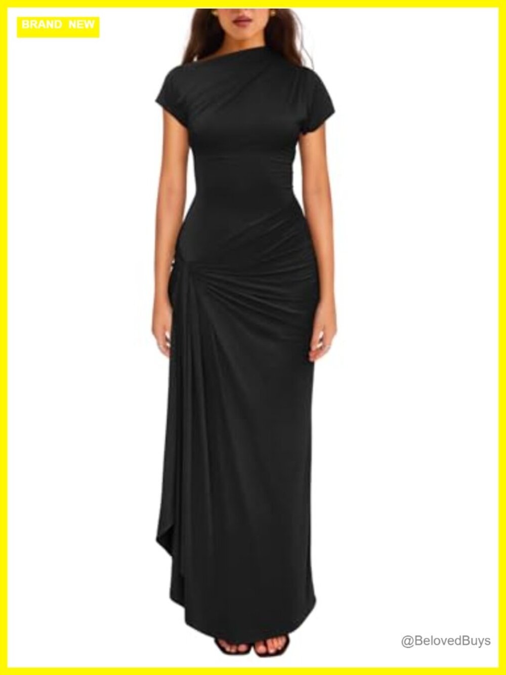 Women's Short Sleeve Ruched High Split Maxi Dress Lace-Up Waist Slim Fit Party